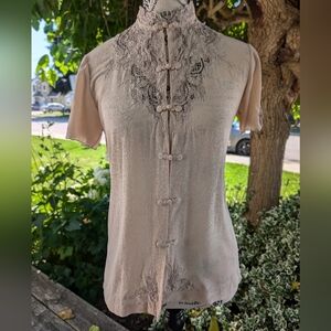 Vintage Peony Silk & Hand Embroidered Dusty Pink Chinese Blouse Size 34/XS